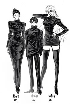 three women in black outfits standing next to each other