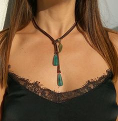 "Aqua jade gemstone necklace, leather necklace belong to gemstone jewelry as well as boho jewelry, boho necklace carefully designed and crafted by EndiaDesign. Show off a boho style with this unique necklace for women made of high quality cow leather, aqua jade gem (blue/green colour) and a wing and bead in antique bronze tone. You could wear this original natural stone necklace on any occasion, formal or casual, making you look super chic and cute. Measurement approximately 16\" / 40 cm for nec Gemstone Choker, Natural Stone Necklace, Necklace Leather, Jade Gemstone, Natural Stones Necklace, Jade Necklace, Necklace Gemstone, Jewelry Boho, Chunky Necklace