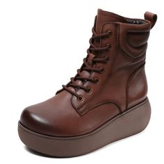 Gender: Women Item Type: Boots Main Material: Cow Leather Style: Casual, Classic, Retro Season: Spring, Autumn Heel Type: Platform Outsole Material: Rubber Heel Height: High Heel (6-8 cm) Size Length cm inch 35 22.5 8.86 36 23 9.06 37 23.5 9.25 38 24 9.45 39 24.5 9.65 40 25 9.84 Trendy Leather Lace-up Wedge Boots, Brown Platform Boots With Round Toe, Fall Platform Wedge Boots With Round Toe, Brown Mid-calf Boots With Round Toe, Brown Faux Leather Platform Boots With Flat Heel, Brown Round Toe Platform Boots For Winter, Faux Leather Platform Boots With Round Toe, Brown Faux Leather Flat Heel Platform Boots, Brown Flat Heel Platform Boots In Faux Leather