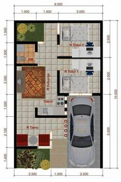 the floor plan for a small house with one car parked in front of it and another car