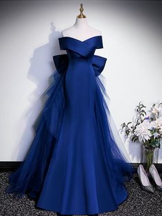 A Line Off Shoulder Dress, Dark Blue Off Shoulder Dress, Mermaid Cocktail Dress, Elegant Royal Blue Dress, Wedding Dresses Blue Royal, Royal Blue Victorian Dress, Gala Dresses Blue, Dark Blue Ball Dress, Blue Gown For Prom