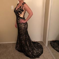 Lets Fashion. Worn Once. Black Lace And Beading With Cream Lining. Short Train With Bustle. This Dress Is Gorgeous! I Purchased The Dress In A Large Size (Fits Smaller) Then Had It Taken In For My Size. Should Fit A Size 8. Can Be Altered. Black Lace Evening Gown, Fashion Black, My Size, Size 8 Dress, Black Cream, Evening Gown, Black Lace, Evening Gowns, Large Size