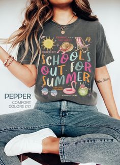 "Last Day Of School Shirt, School's Out For Summer, End Of School Year, Goodbye School Tee, Hello Summer Vacation, Teacher Appreciation Gift HOW TO ORDER ➀ Select color ➁ Select the size (Please check size chart) ✦ True to size. Size up 1-2 sizes for an oversized look. ➂ Add to cart ✦ (Optional) \"Add message to Seller\" on the checkout page. GARMENT FEATURES ✦ Crew neckline ✦ Direct to garment printing - no vinyl, decal, or iron-on technique ✦ Our designs are printed on the garment to last a long time and may not appear as 'glossy' or saturated as iron-on designs are. ✦ Please note that colors may appear different on different digital screens and may not be a true representation of the actual colors. ✦ Additional T-Shirt Colors and Sizes Available Upon Request ✧✧Brands: Bella Canvas Unise Summer School Tops With Slogan, Summer School Tops With Graphic Print, Summer Slogan Tops For School, Summer School Slogan Tops, Summer School Tops With Text Print, Casual Summer Tops For Teacher Appreciation, Summer School Shirt With Slogan, Summer School Graphic Tee Shirt, Summer School Shirt With Text Print