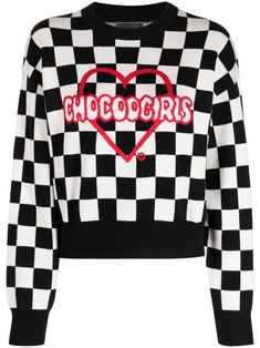 white/black/red check pattern patterned intarsia knit intarsia-knit logo heart motif crew neck drop shoulder long sleeves ribbed cuffs and hem Knit Intarsia, Logo Heart, Knit Logo, Heart Motif, City Dress, Iconic Bags, Crew Neck Jumper, Summer Beach Wear, Exclusive Fashion