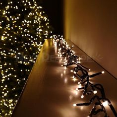 christmas lights are lined up on the side of a building near a large lighted tree