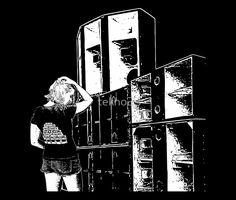 a black and white drawing of a woman standing in front of stacks of filing cabinets