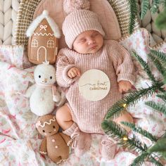 a baby in a pink sweater and hat laying next to two stuffed animals on a blanket