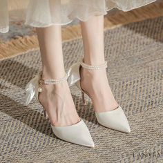 Lasaky - Pointed-toe Stiletto Heels with Delicate Butterfly Knot, Pearl Accented Bridal Shoes Cream Court Shoes With Round Toe For Party, Cream Court Shoes For Party With Round Toe, Summer Wedding Shoes With Pointed Toe, Cream Pointed Toe Court Shoes For Summer, Spring Wedding Shoes With Heel Strap, Spring Wedding Shoes With Heel Strap Pointed Toe, Summer Wedding Shoes With Wrapped Heel And Pointed Toe, Cream Ankle Strap Heels For Party, Cream Pointed Toe Slingback Pumps For Party