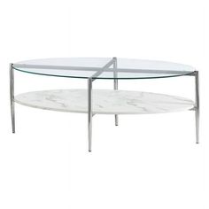 a white marble and metal coffee table with two glass shelves on each side, in front of a white background