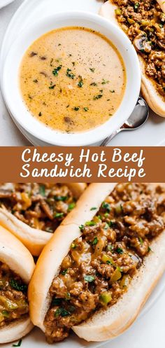 two hot dogs on buns next to a bowl of cheesey hot beef sandwich recipe