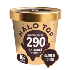 halo top ice cream with chocolate toppings in a gold container on a white background