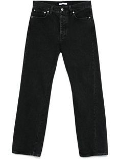 black cotton washed denim seam detailing button fly fastening belt loops classic five pockets logo patch to the rear straight leg Mens Bottoms Pants, Black Straight Leg Denim Jeans, Straight Black Jeans With Five Pockets, Black Straight Jeans With Five Pockets, Black Straight Fit Denim Jeans, Black Cropped Denim Jeans, Black Straight Leg Cargo Jeans, Black Tapered Leg Cropped Jeans, Black Denim Flare Jeans