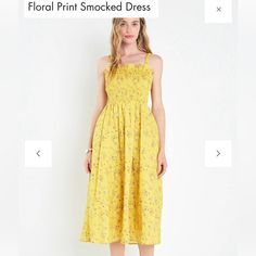 Bnwt Yellow Midi Smocked Floral Dress Spring Sundress With Smocked Bodice For Daywear, Yellow Midi Dress With Smocked Bodice For Beach, Spring Midi Smocked Top For Daywear, Spring Yellow Midi Dress With Smocked Back, Sleeveless Smocked Dress With Smocked Cuffs For Vacation, Spring Smock Sundress Midi Dress, Casual Yellow Midi Dress With Smocked Back, Spring Flowy Smocked Sundress, Yellow Sundress With Smocked Back For Spring