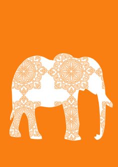 an elephant with intricate patterns on it's body is shown in orange and white