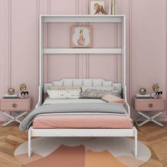 a bedroom with pink walls and white furniture