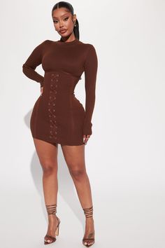 Sweater Dress Outfit Black Women, Fashion Nova Outfits Dresses, Chocolate Sweater, Long Sleeve Dress Red, Sweater Mini Dress, Corporate Dress, Mini Dress Long Sleeve, Elegant Outfit Classy, Stylish Work Attire