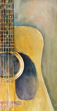 an acoustic guitar is shown in this watercolor painting