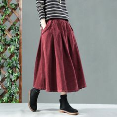 Vintage Womens Corduroy Swing Pleated Skirt Loose Casual Baggy Midi Dress Chic | eBay Casual A-line Winter Skirt, Casual Knee-length Winter Skirt, Baggy Solid Skirt For Fall, Casual A-line Skirt For Winter, Winter Corduroy Dress With Pockets, Fall Cotton Knee-length Skirt, Fall Knee-length Cotton Skirt, Baggy Cotton Skirt For Fall, Casual Solid Color Skirt With Wide Hem