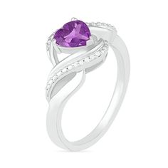 Make your romantic taste known with this charming gemstone heart ring. Crafted in sterling silver, this look showcases a 6.0mm heart-shaped bright purple amethyst. Diamond-accented and beaded ribbons surround the center in a bypass frame, while polished curved ribbons glisten along the shank to complete this cascading design. Buffed to a brilliant luster, this ring is certain to be enjoyed. Purple Heart Cut Ring For Anniversary, Elegant Purple Heart Promise Ring, Fine Jewelry Purple Amethyst Ring For Valentine's Day, Purple Amethyst Heart Cut Ring For Valentine's Day, Heart Cut Amethyst Ring With Accent Stones, Elegant Amethyst Heart Promise Ring, Amethyst Heart Ring For Valentine's Day, Valentine's Day Purple Amethyst Promise Ring, Purple Heart Ring With Accent Stones For Anniversary