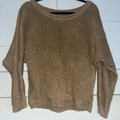 Tan, Synthetic, Knit Sweater. Gold Sequins. Nwot. Smoke Free Home. Size L. Casual Textured Knit Sweater For Party, Casual Textured Knit Party Sweater, Gold Knit Winter Sweater, Gold Knit Sweater For Winter, Open Knit Party Sweater, Sparkle Sweater, Gold Sequins, Colorful Sweaters, Knit Sweater