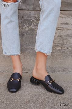 Step into quick style with the Lulus Ranae Black Slide-On Loafers! These cute mules have a squared toe, a notched collar, gold horsebit hardware, and an easy slide-on design. Low block heel lends just enough height to these chic loafer slides. 0. 5" wrapped block heel. Cushioned insole. Rubber sole has nonskid markings. Man made materials. Imported. Lulus | Ranae Black Slide-On Loafers. Loafer Slides, Cute Slides, Black Slides, Low Block Heels, Notched Collar, Block Heels, Rubber Sole, Slides, Loafers