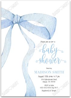 a baby shower card with a blue ribbon on it