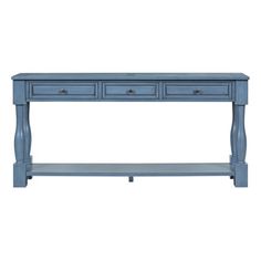 a blue console table with two drawers on one side and three drawers on the other