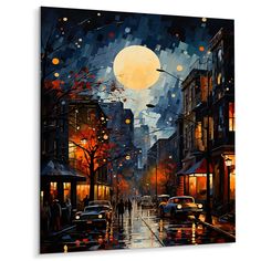 a painting of people walking down the street at night