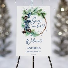 a welcome sign with pine cones and berries hanging from it's stand in front of snow covered trees