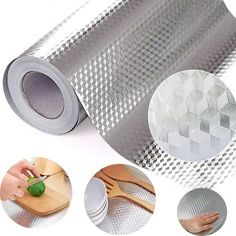 a roll of silver metallic foil with different designs