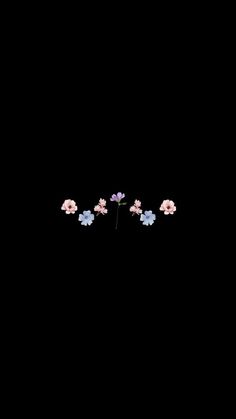 a group of flowers sitting on top of a black surface