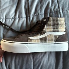 Never Worn Brown Tweed High Tops . Leather Brown Converse Platform, Vans Brown Sneakers For Fall, Vans Shoes Women, Vans Brown, Vans High Top, Vans High, Brown Tweed, High Top Sneaker, Vans High Top Sneaker