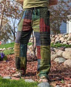 Patchwork Lounge Pants | Hippie Pants | Soul Flower Casual Wide-leg Patchwork Bottoms, Multicolor Straight Leg Bottoms For Fall, Hippie Fall Festival Pants, Hippie Style Fall Festival Pants, Bohemian Patchwork Pants For Spring, Relaxed Fit Patchwork Pants For Fall, Spring Patchwork Pants, Hippie Patchwork Bottoms For Fall, Green Patchwork Pants For Spring