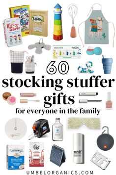 the words, 50 stocking stuff and gifts for the whole family are overlaided