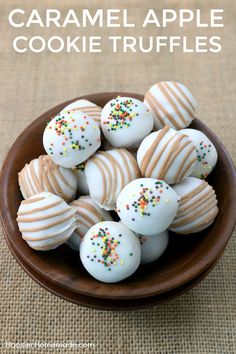 caramel apple cookie truffles in a wooden bowl with sprinkles