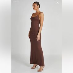 Description In Images. Casual Brown Maxi Dress For Evening, Casual Brown Dress For Evening, Casual Brown Evening Dress, Casual Brown Maxi Dress For Night Out, Black Strapless Maxi Dress, Meshki Dresses, High Neck Maxi Dress, Pink Silk Dress, Low Back Dresses