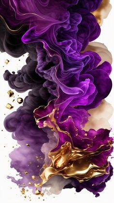 an abstract painting with purple, yellow and black ink in the air on white background