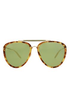 Upgrade your sunny-day style with bold aviator sunglasses featuring adjustable nose pads and logo-etched temples. 58mm lens width; 19mm bridge width; 145mm temple length 100% UV protection Acetate/metal Imported Gucci Aviator Sunglasses In Gold, Gucci Gold Aviator Sunglasses, Gucci Aviator Sunglasses For Summer, Rimless Aviator Sunglasses For Summer Outdoor, Brown Metal Frame Aviator Sunglasses For Outdoor, Gucci Brown Aviator Sunglasses With Uv Protection, Classic Aviator Shield Sunglasses With Gradient Lenses, Classic Rimless Aviator Sunglasses With Mirrored Lenses, Classic Rimless Aviator Sunglasses With Tinted Lenses