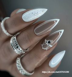 Romantic Nails, Nail Jewels, Glamour Nails, White Nail, Silver Nails, Elegant Nails, Chic Nails, Dope Nails