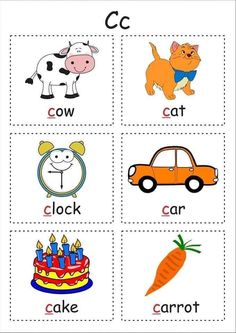 the letter c worksheet is filled with pictures of animals, cars and cakes