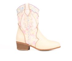 Giddy up and go with the Girls' MIA Petunya Cowboy Boots, where fun meets western flair! These boots are perfect for adding a dash of adventurous spirit to her wardrobe, with just the right amount of cowboy charm. Let her trot into style and make every day feel like a rodeo ride! Classic cowboy boot design, Faux leather, textured upper, Pull-on style with side zipper, Approx. 1.5\ heel height, Decorative stitching, Available in little kid and big kid sizes, Cushioned insole | Girls' MIA Petunya Cowboy Boot in White/Blue/Pink Size 1 - Little Kid Kids Cowgirl Boots, Kids Cowboy Boots, Classic Cowboy, Boot Design, Decorative Stitching, Cowboy Boot, Designer Boots, Big Kid, Western Boots