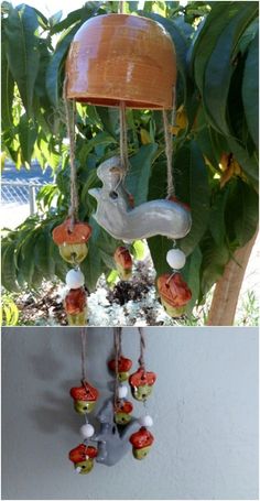 two pictures one with a wind chime and the other with shells