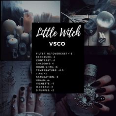 a collage of photos with candles and other things in the background text reads little witch vsco