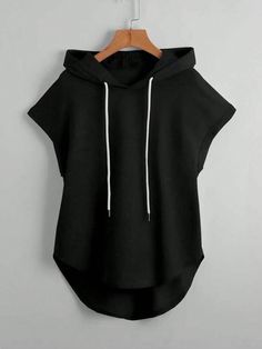 Plus Size Hooded Drawstring Short Sleeve Casual T-Shirt, Summer Black Casual  Sleeveless Knitted Fabric Plain  Slight Stretch  Women Plus Clothing, size features are:Bust: ,Length: ,Sleeve Length: Ärmelloser Pullover, Stylish Caps, Hooded Tee, Short Sleeve Hoodie, Sleeveless Hoodie, Modieuze Outfits, Plus Size Kleidung, Women T Shirts, High Low Hem