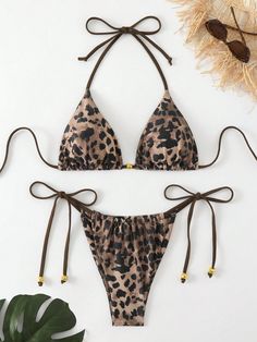 Women's Summer Beach Leopard Print Halter Neck Tie Sexy Bikini Set, Random Print Multicolor Sexy    Leopard Print,All Over Print,Textured Pattern  High Stretch  Women Clothing, size features are:Bust: ,Length: ,Sleeve Length: Beachwear For Women, Inspiration Mode, Halter Neck, Summer Beach, All Fashion, Summer Women, Neck Tie, Leopard Print, Latest Trends