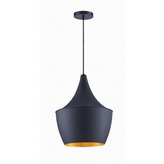 a black and gold pendant light hanging from a ceiling fixture with an oval shaped shade