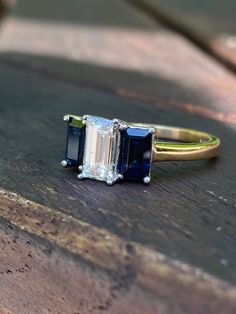 Rectangle Engagement Rings, Colored Sapphires, Emerald Cut Diamond Ring, Emerald Blue, Multi Gemstone Ring, 3 Stone Engagement Rings, Emerald Cut Rings, Blue Sapphire Ring, Emerald Engagement Ring Cut