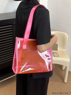 BagForLove - Neon-Pink Shoulder Tote Bag with Clear Contrast Binding - Trendy and Functional Trendy Shoulder Bag With Clear Strap, Casual Pink Shoulder Bag For Travel, Casual Pink Shoulder Bag For Shopping, Trendy Pink Handheld Bag, Multicolor Bags With Clear Strap, Multicolor Bags With Clear Strap For Everyday Use, Trendy Bags With Clear Strap, Trendy Shoulder Bag With Clear Strap For School, Trendy School Shoulder Bag With Clear Strap