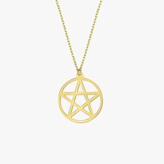 Pentagram Necklace | 14K Solid Gold - Mionza Jewelry-celestial jewelry, geometric necklace, goth necklace, gothic necklace, halloween gifts, halloween jewelry, halloween necklace, pentacle necklace, pentagram necklace, silver disc necklace, star necklace, wiccan jewelry, witch necklace Spiritual 14k Gold Filled Tarnish-resistant Jewelry, Yellow Gold Celestial Jewelry In 14k Gold Filled, Symbolic Yellow Gold Brass Jewelry, Celestial Yellow Gold Brass Jewelry, Hypoallergenic 14k Gold Star Jewelry, Spiritual 14k Gold Charm Necklaces With Adjustable Chain, Spiritual 14k Gold Charm Necklace With Adjustable Chain, Symbolic 14k Gold Charm Necklace With Adjustable Chain, Handmade Star-shaped Yellow Gold Necklaces