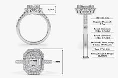 an engagement ring size guide with measurements for the band and center stone on each side